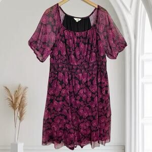 Terra & Sky Midi Dress NEW Sz 2X Smocked Mesh Bold Roses Berry Wine Lined Bohe